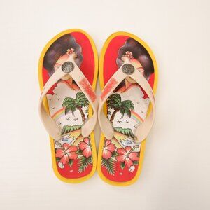 Ed Hardy Sandal Women 8 Rainbow Hawaii Floral Flip Flop Pool Beach Retro Core Go